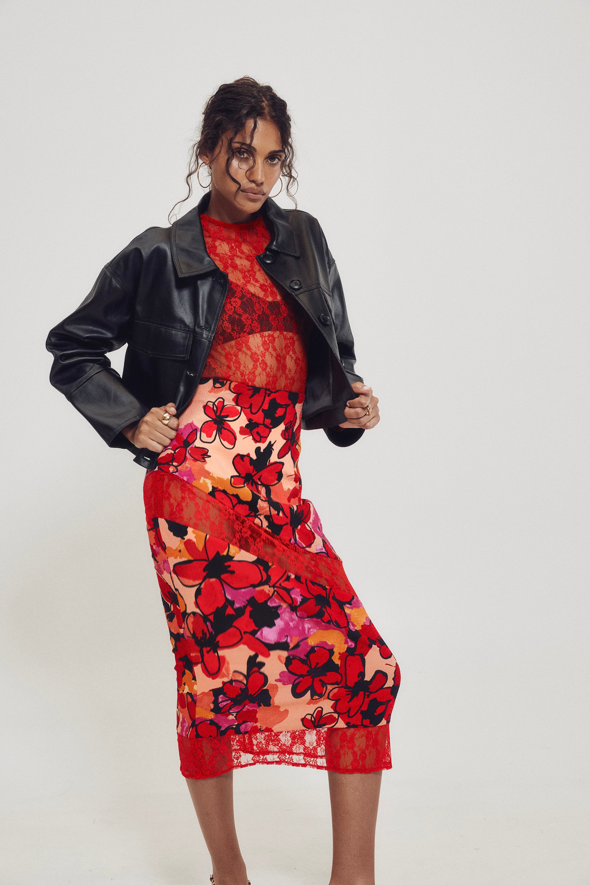 Floral Crepe & Lace Midi Skirt