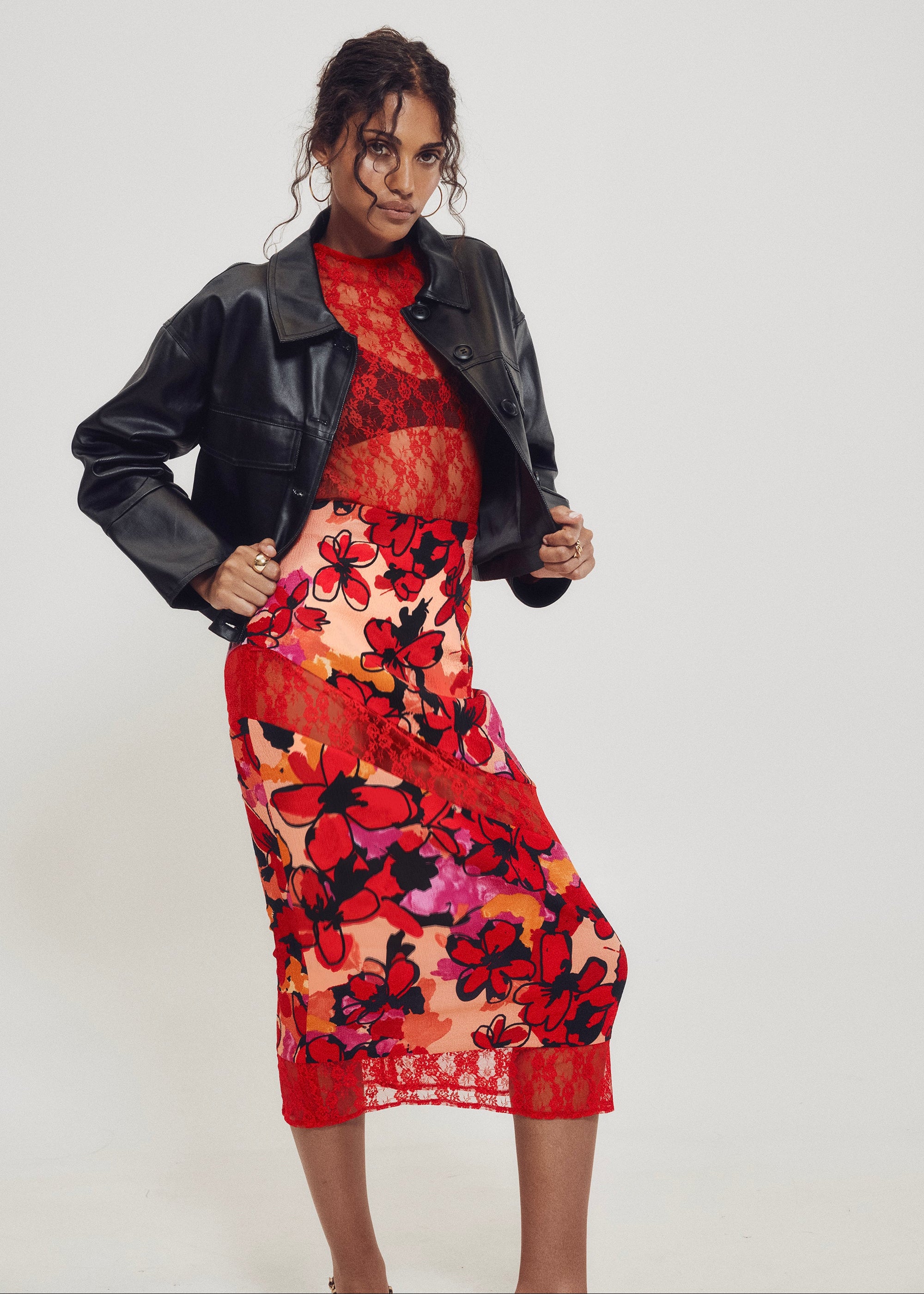 Floral Crepe & Lace Midi Skirt