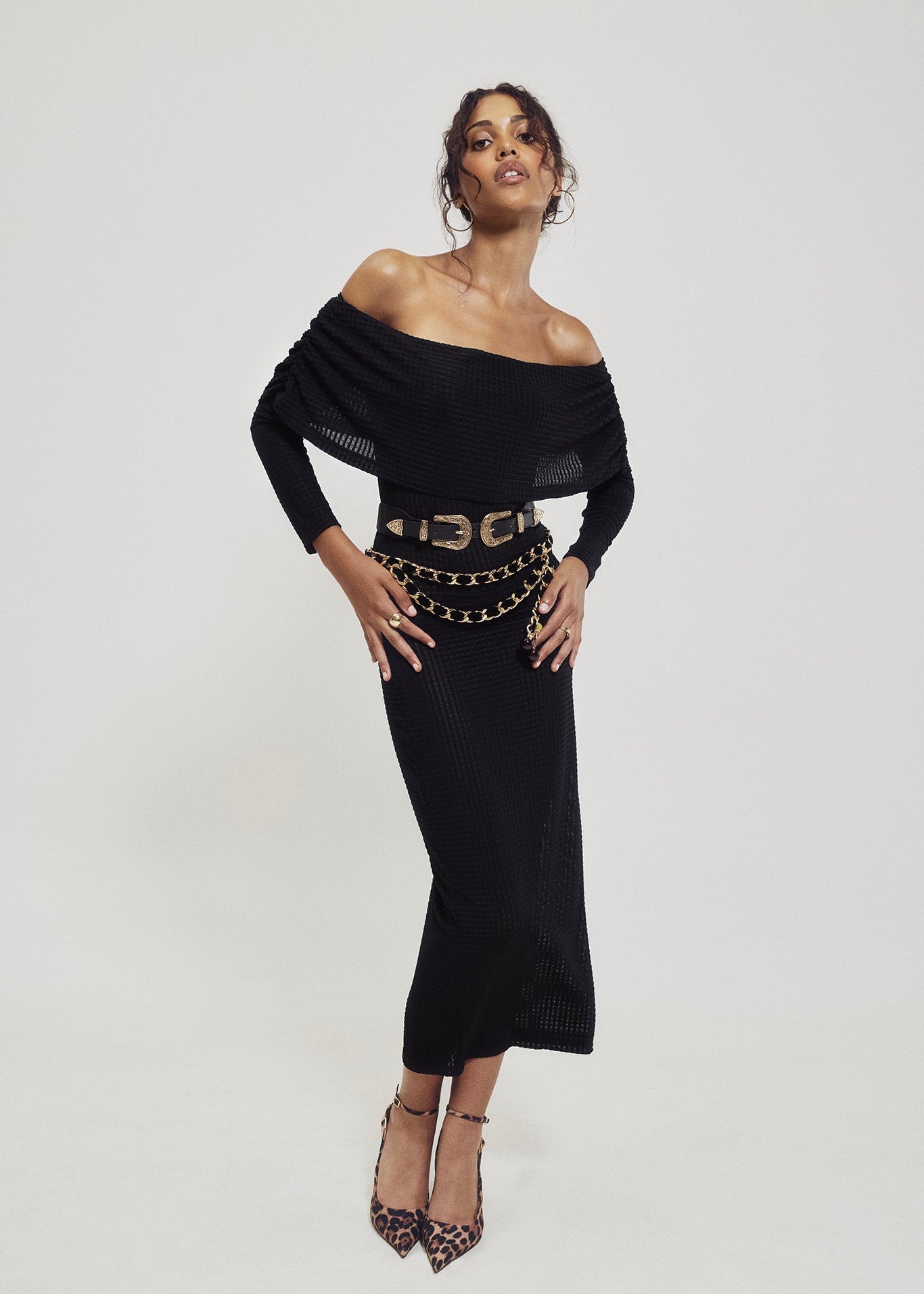 Geometric Knit Cowl Neck Midi Dress