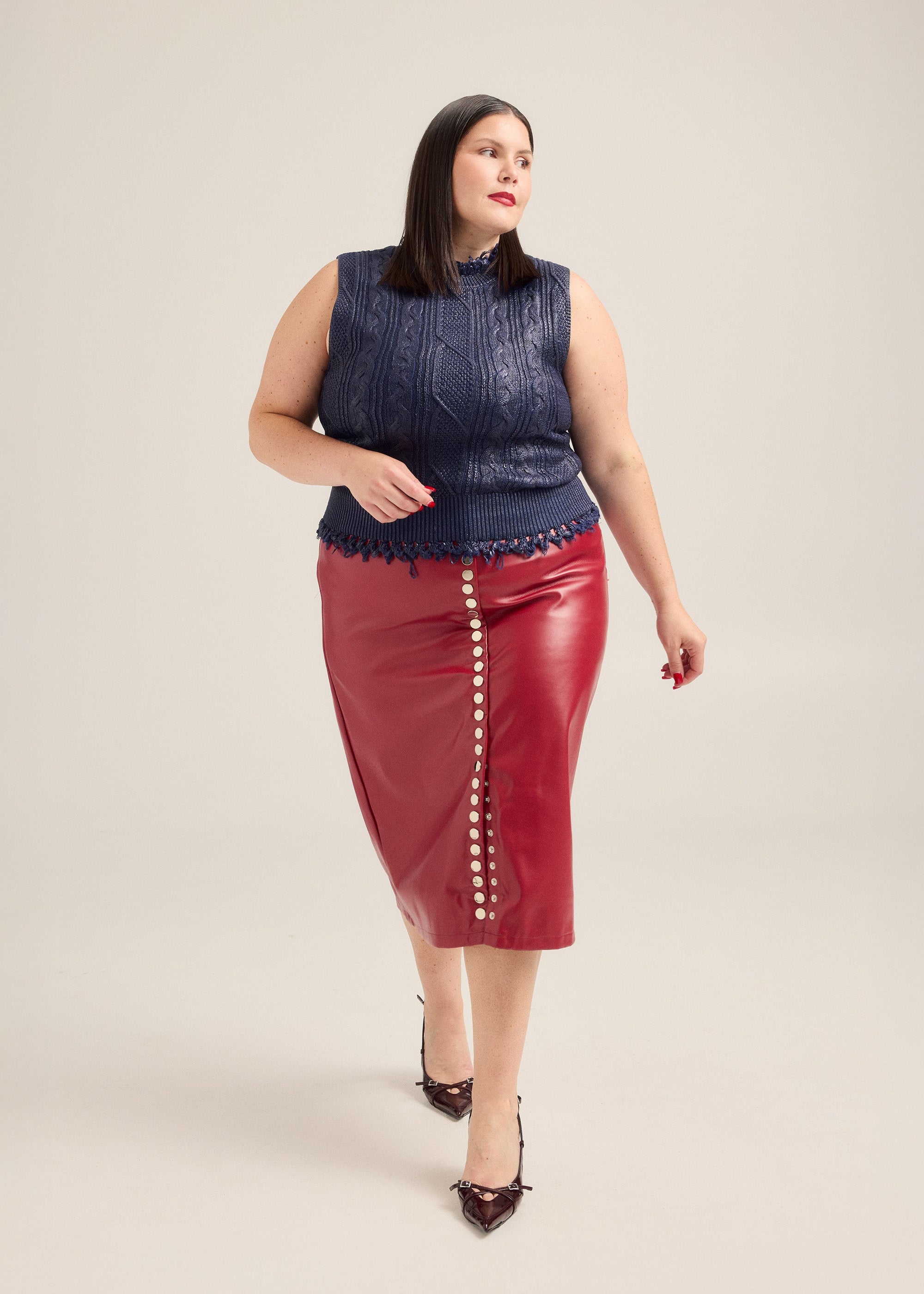 'Leather' Snap Front Midi Skirt