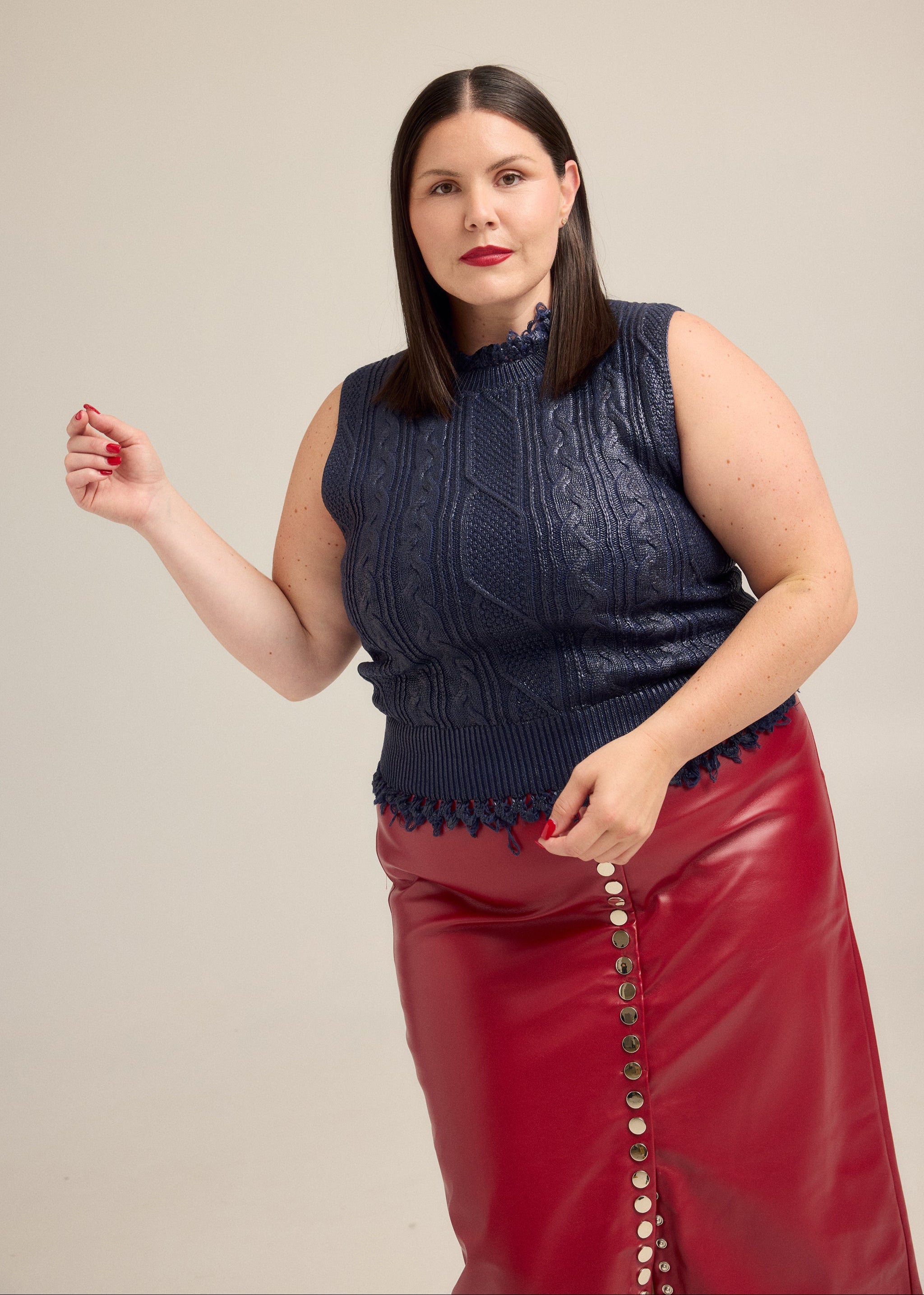'Leather' Snap Front Midi Skirt