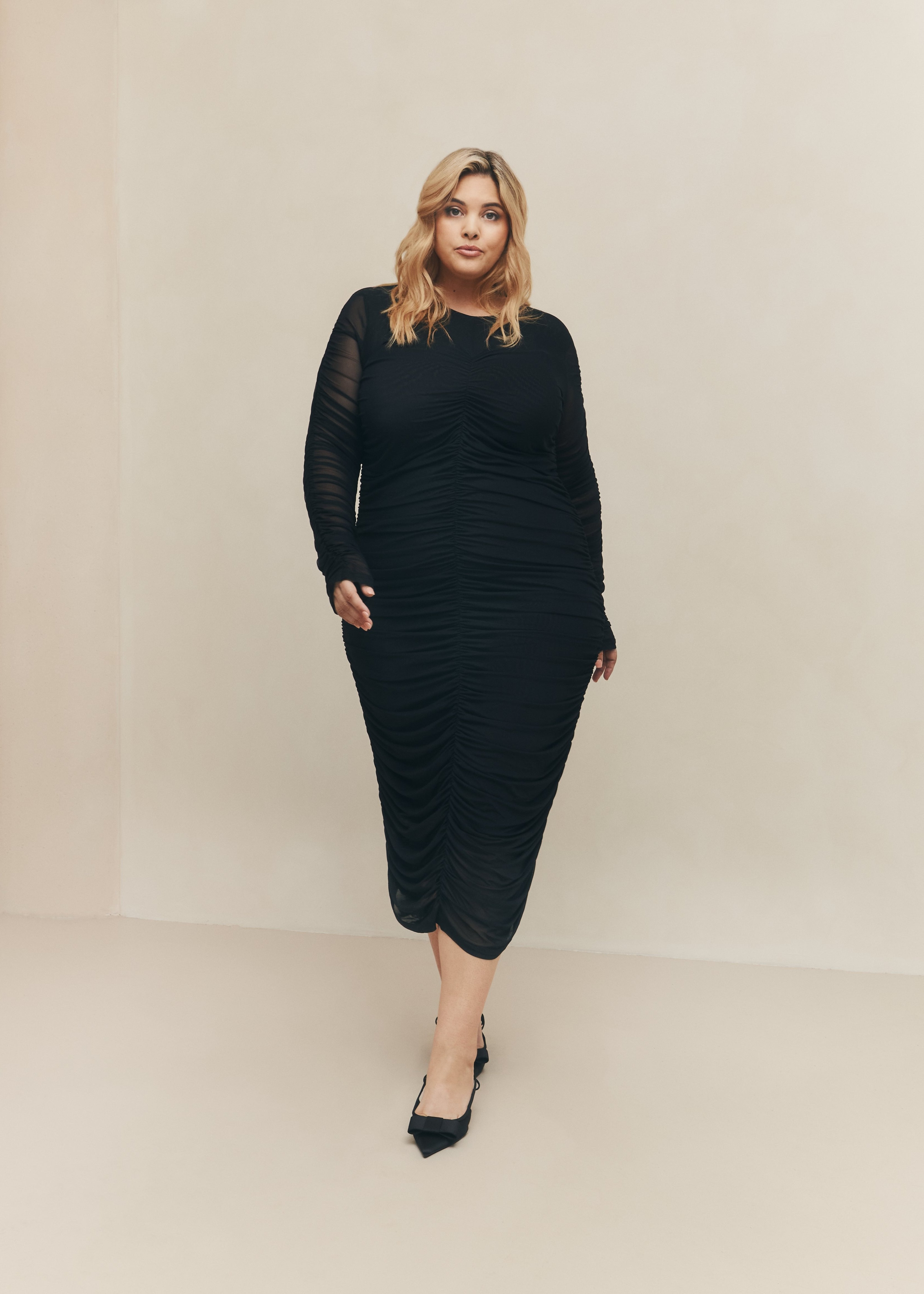 Ruched Sleeved Mesh Dress