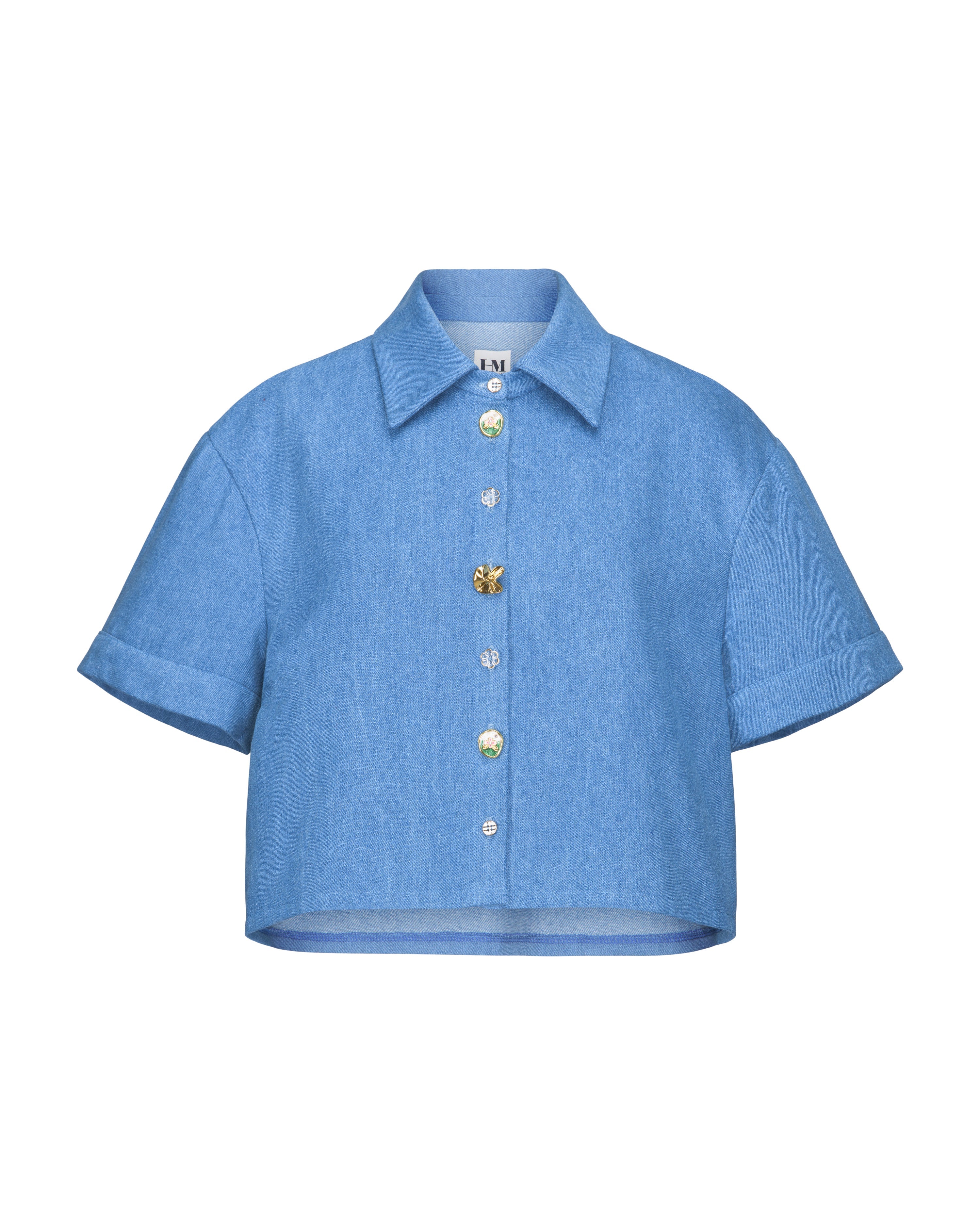 Denim Crop Short Sleeve Blouse