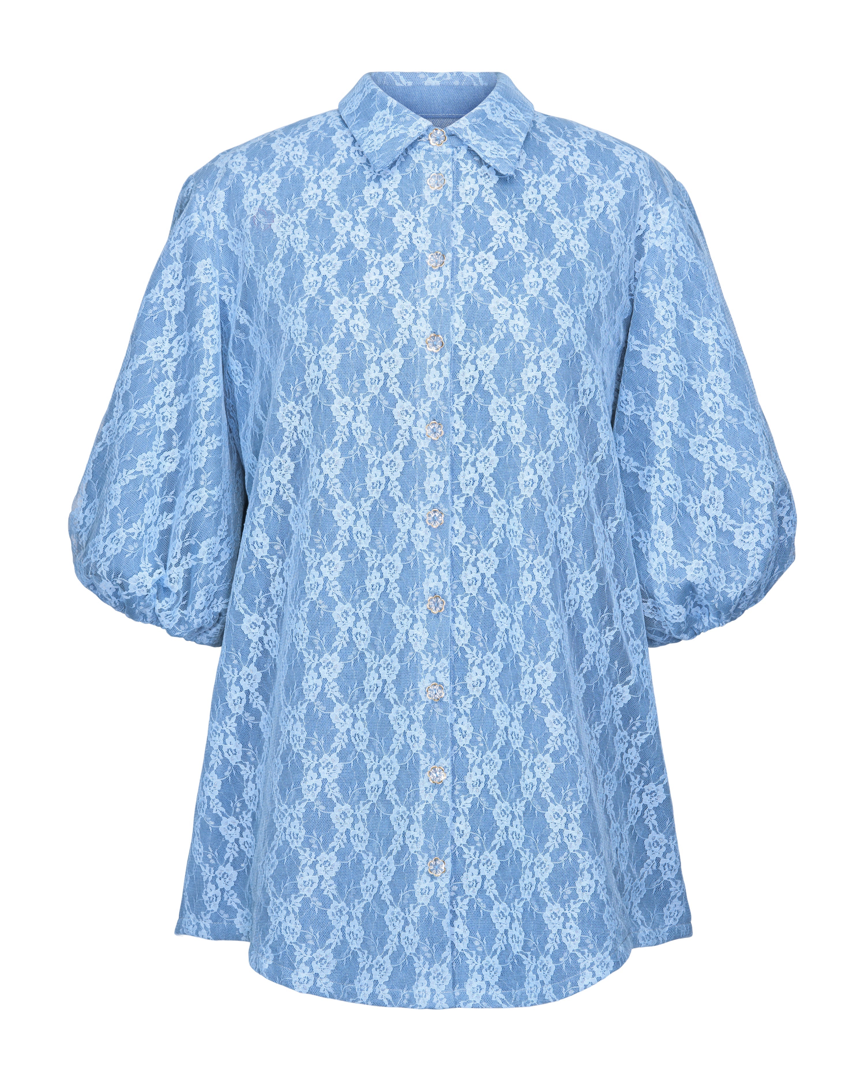 Denim Lace Puff Sleeve Blouse