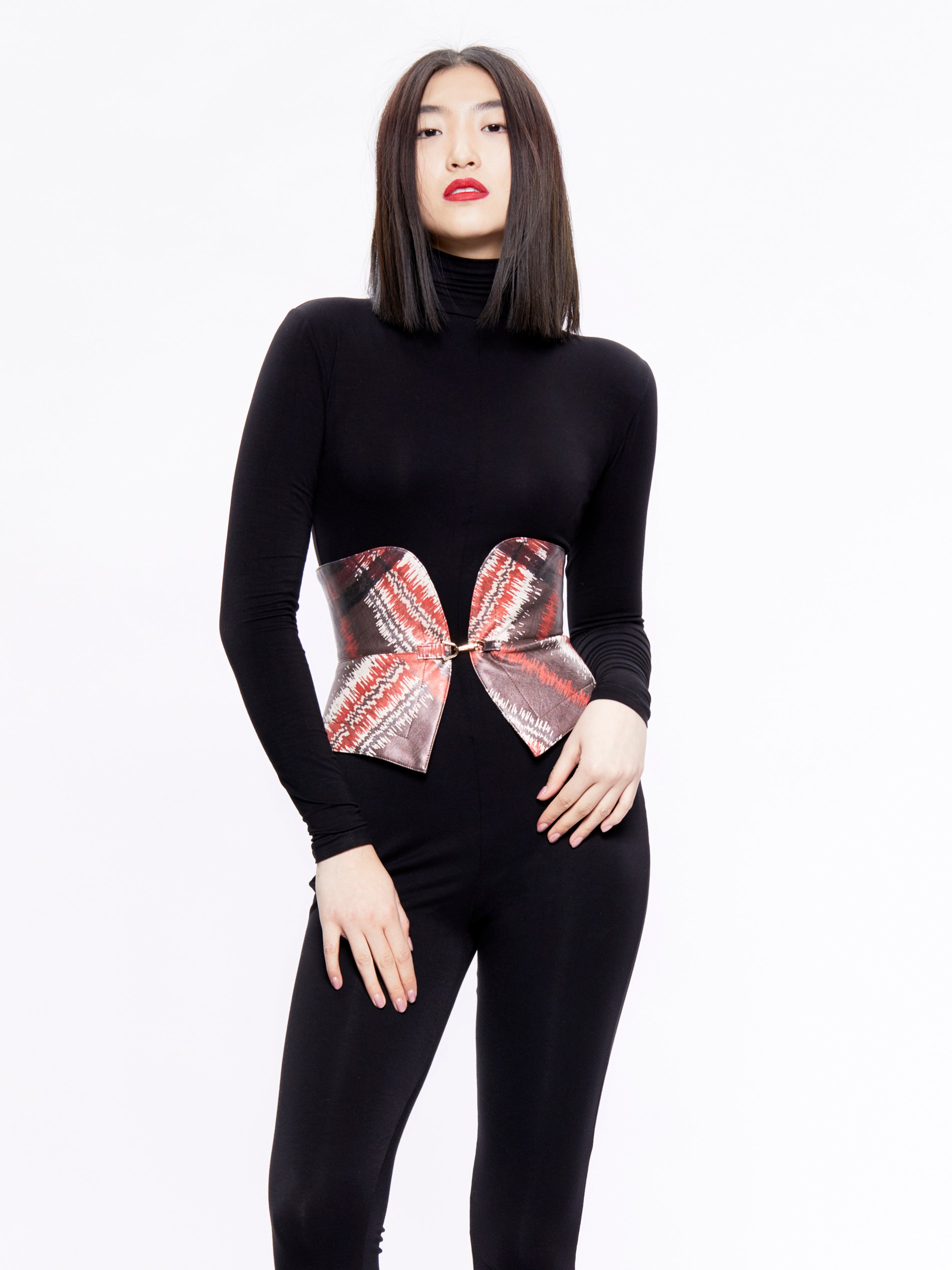 Model Wearing Vegan Red Print Corset Belt.