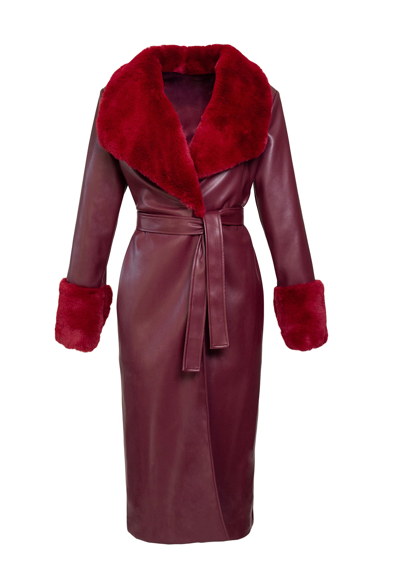 Burgundy 'Leather' & Faux Fur Wrap Coat