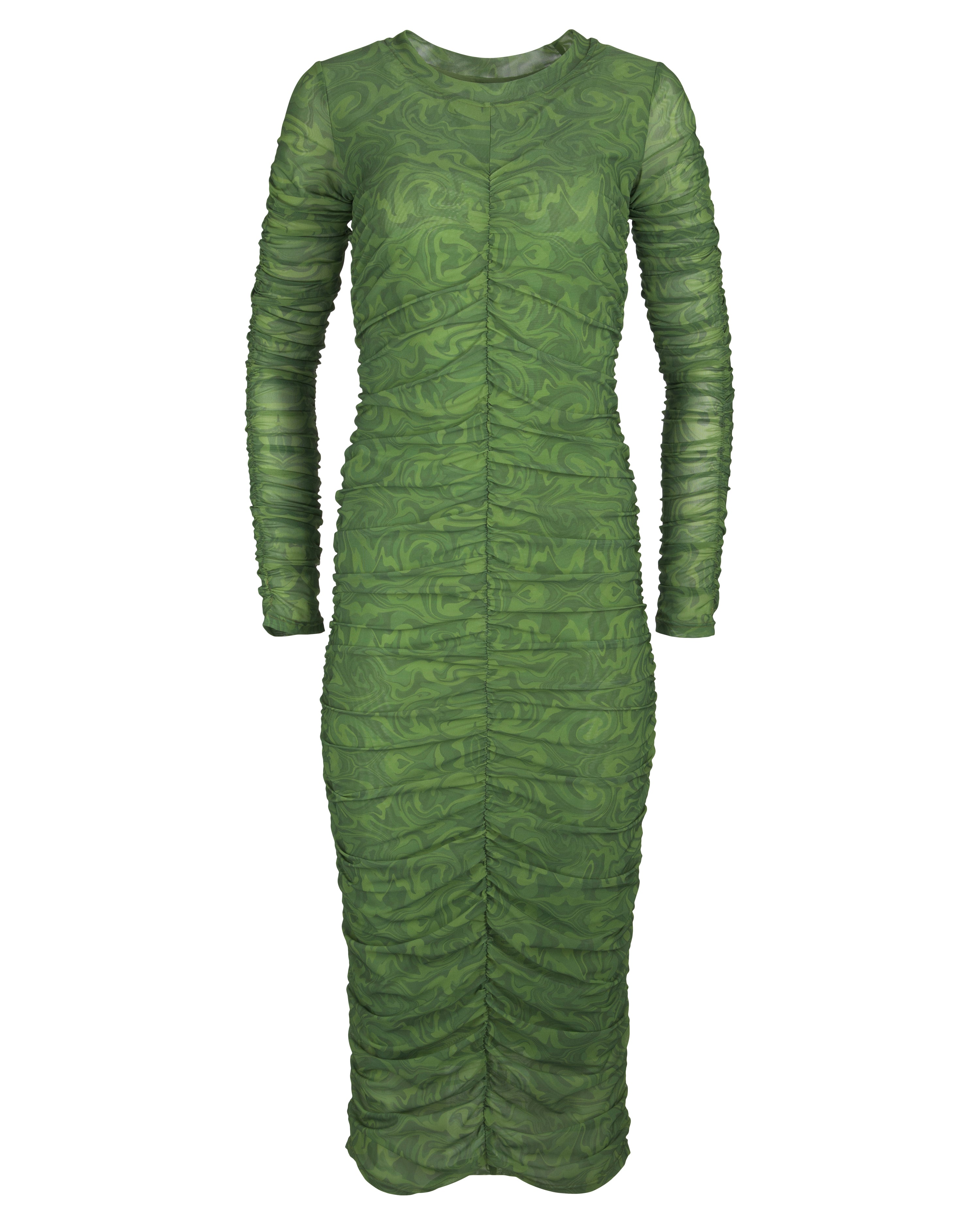 Printed Ruched Mesh Dress