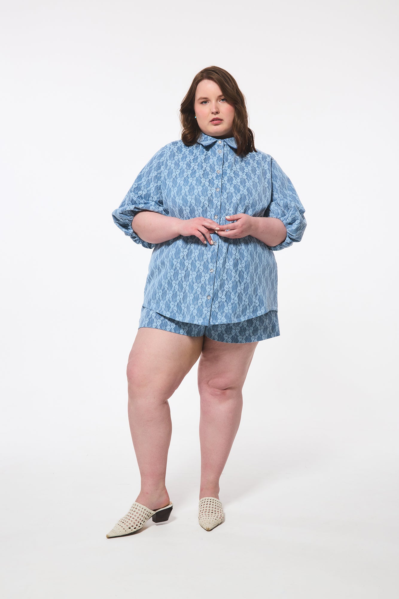 Denim Lace Puff Sleeve Blouse