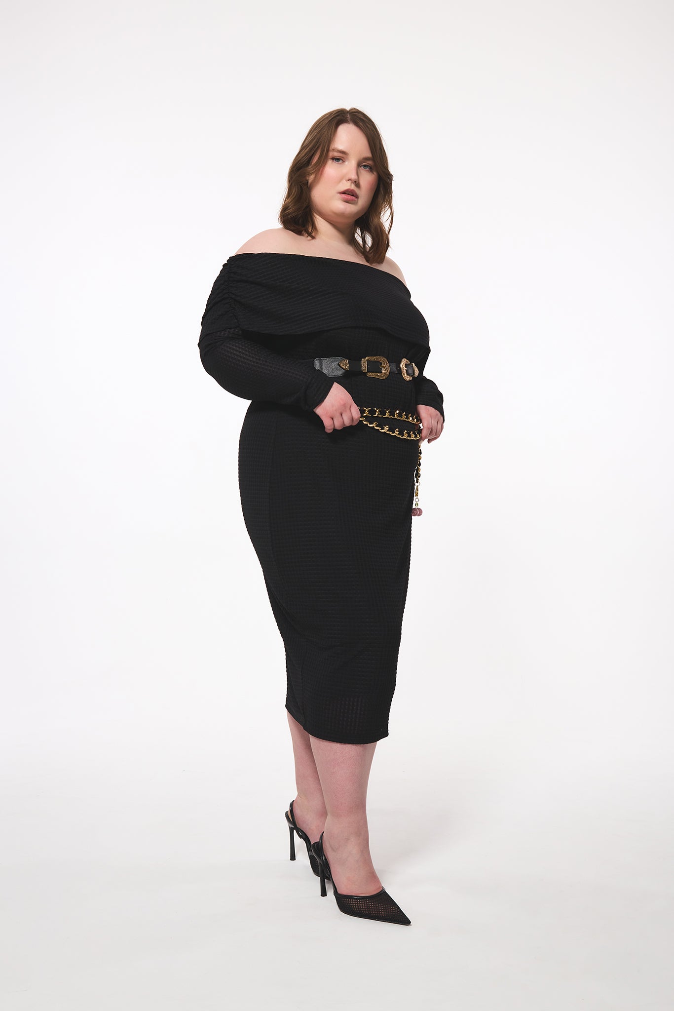 Geometric Knit Cowl Neck Midi Dress