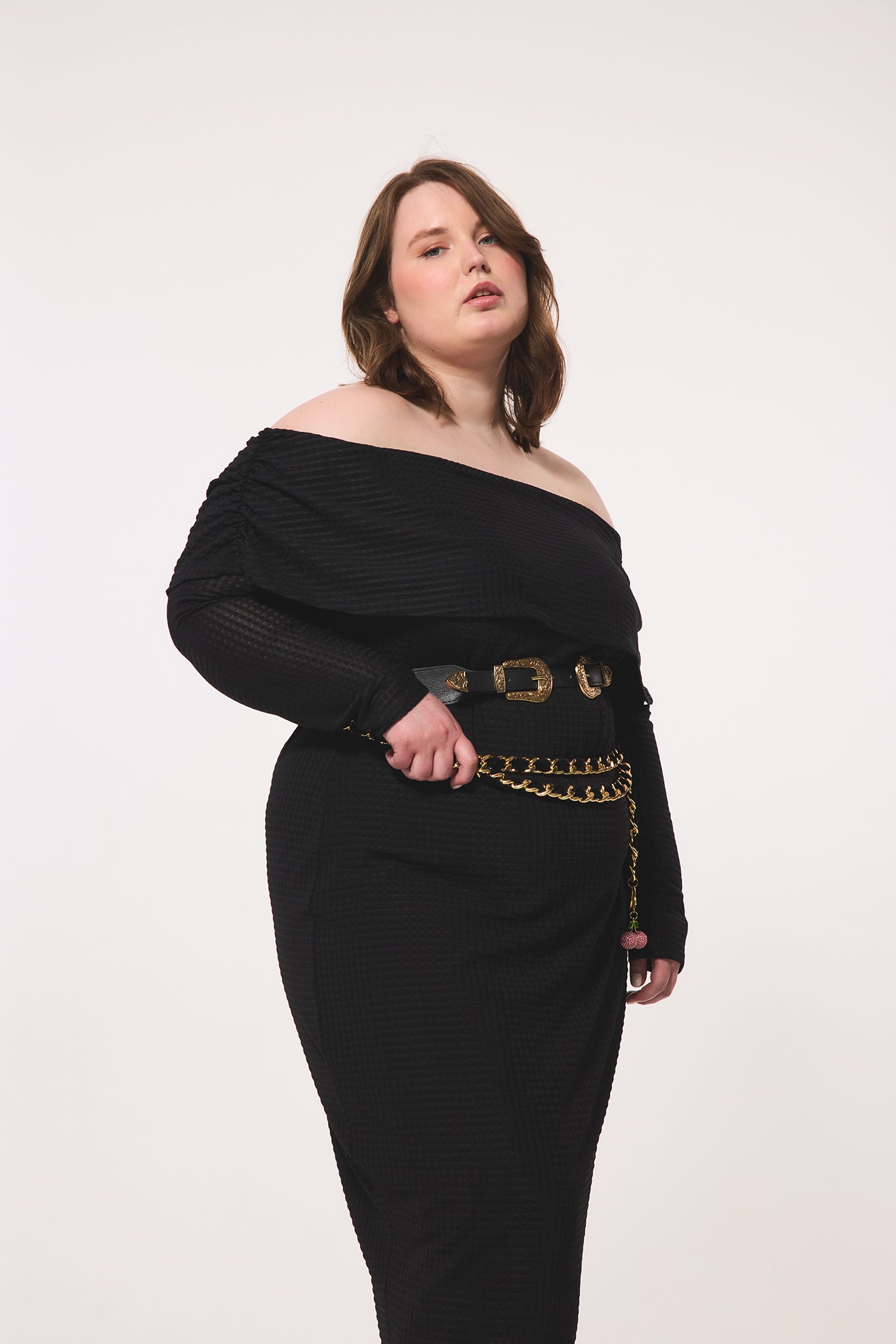 Geometric Knit Cowl Neck Midi Dress