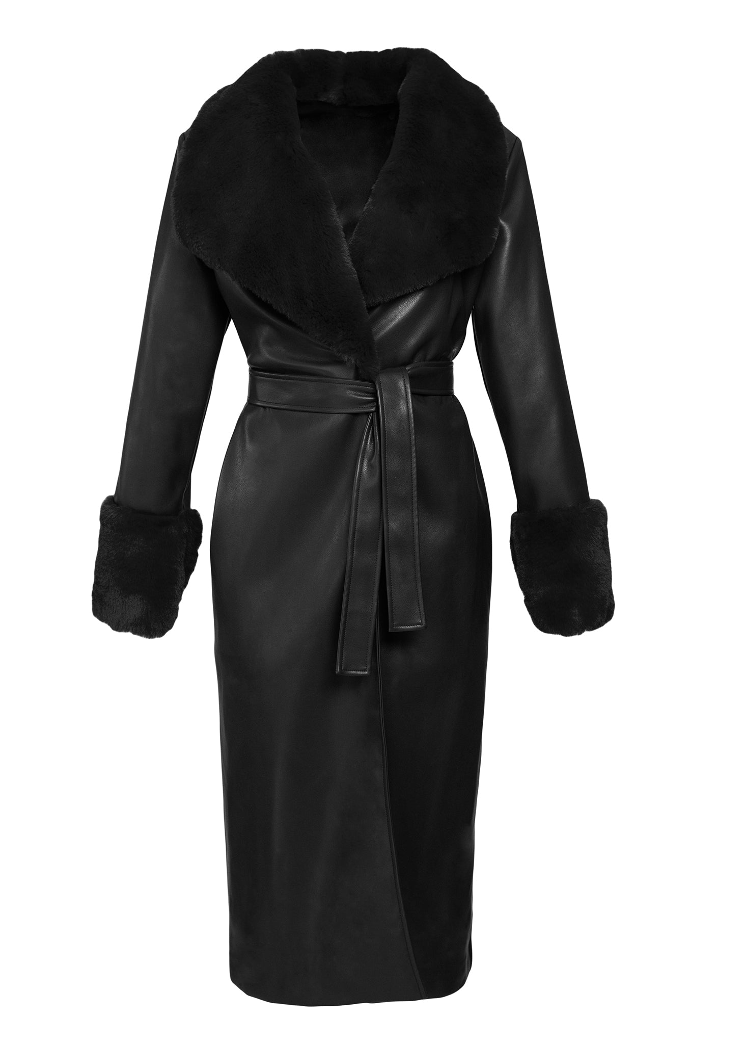 Black 'Leather' & Faux Fur Wrap Coat