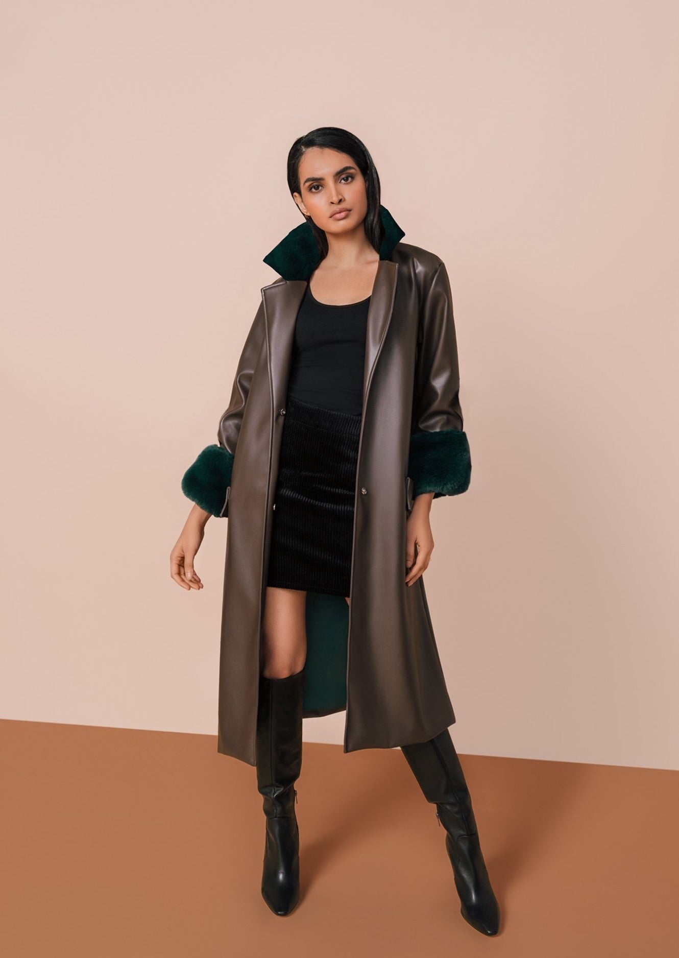 Faux Fur Cuff & Faux Leather Trench Coat